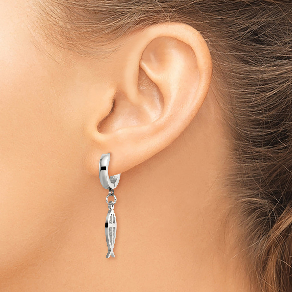 Stainless Steel Hoop Earring With Ichthys Cross Charm