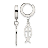 Stainless Steel Hoop Earring for Men with Ichthys Fish and Cross Charm, Christian Symbol Jewelry, Hinged Religious Dangle Design, Tarnish Resistant Spiritual Accessory for Everyday Faith Wear