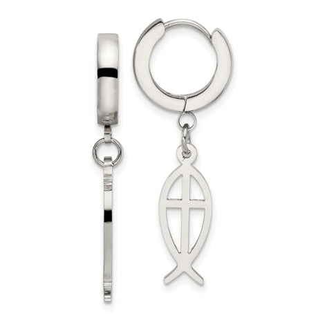 Stainless Steel Hoop Earring for Men with Ichthys Fish and Cross Charm, Christian Symbol Jewelry, Hinged Religious Dangle Design, Tarnish Resistant Spiritual Accessory for Everyday Faith Wear