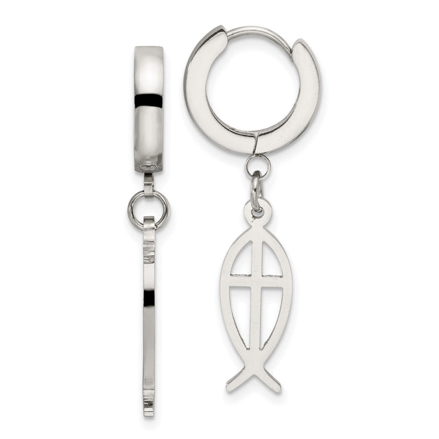 Stainless Steel Hoop Earring for Men with Ichthys Fish and Cross Charm, Christian Symbol Jewelry, Hinged Religious Dangle Design, Tarnish Resistant Spiritual Accessory for Everyday Faith Wear