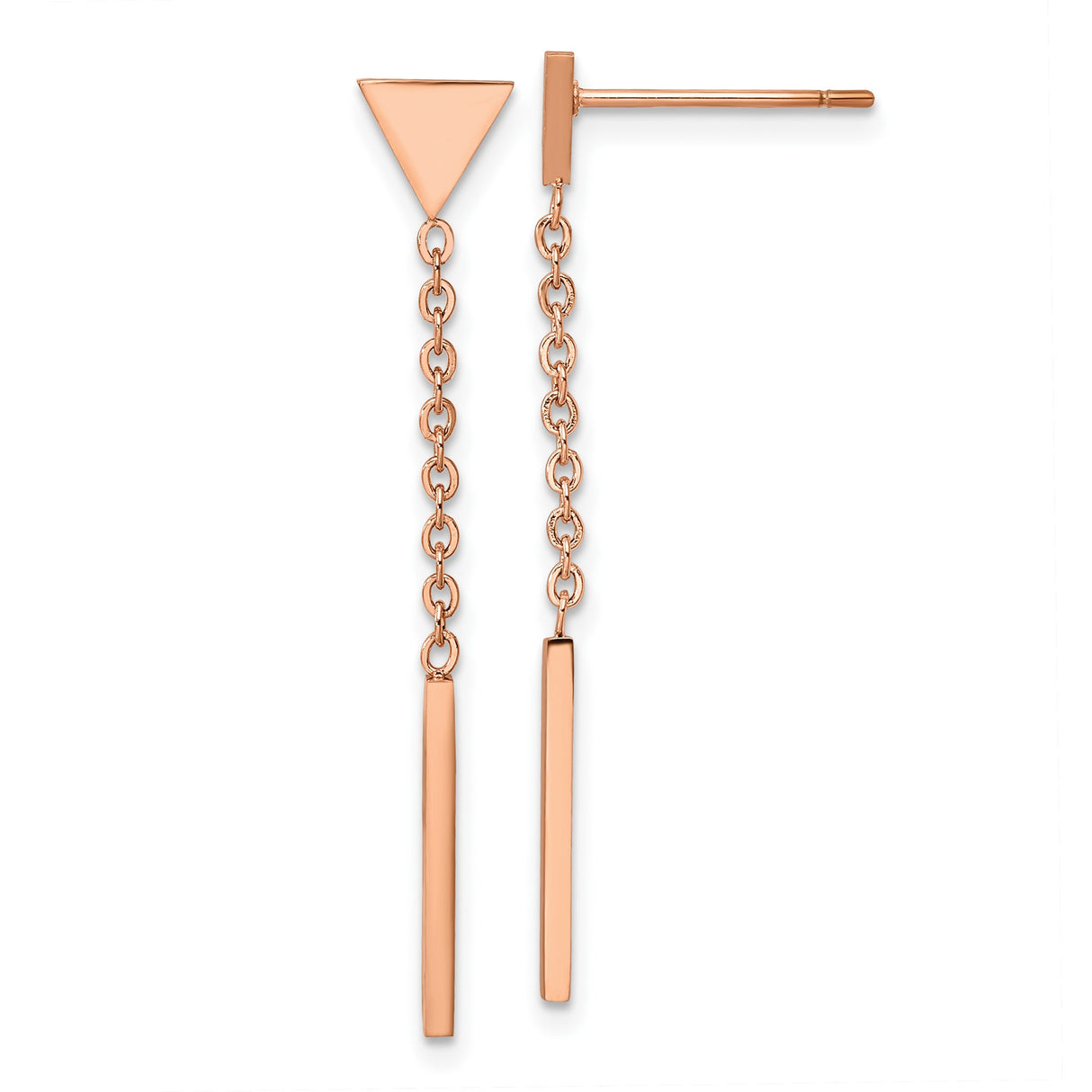 Stainless Steel Drop Earrings with Triangle and Bar Dangle, Rose Gold Tone, Geometric Style