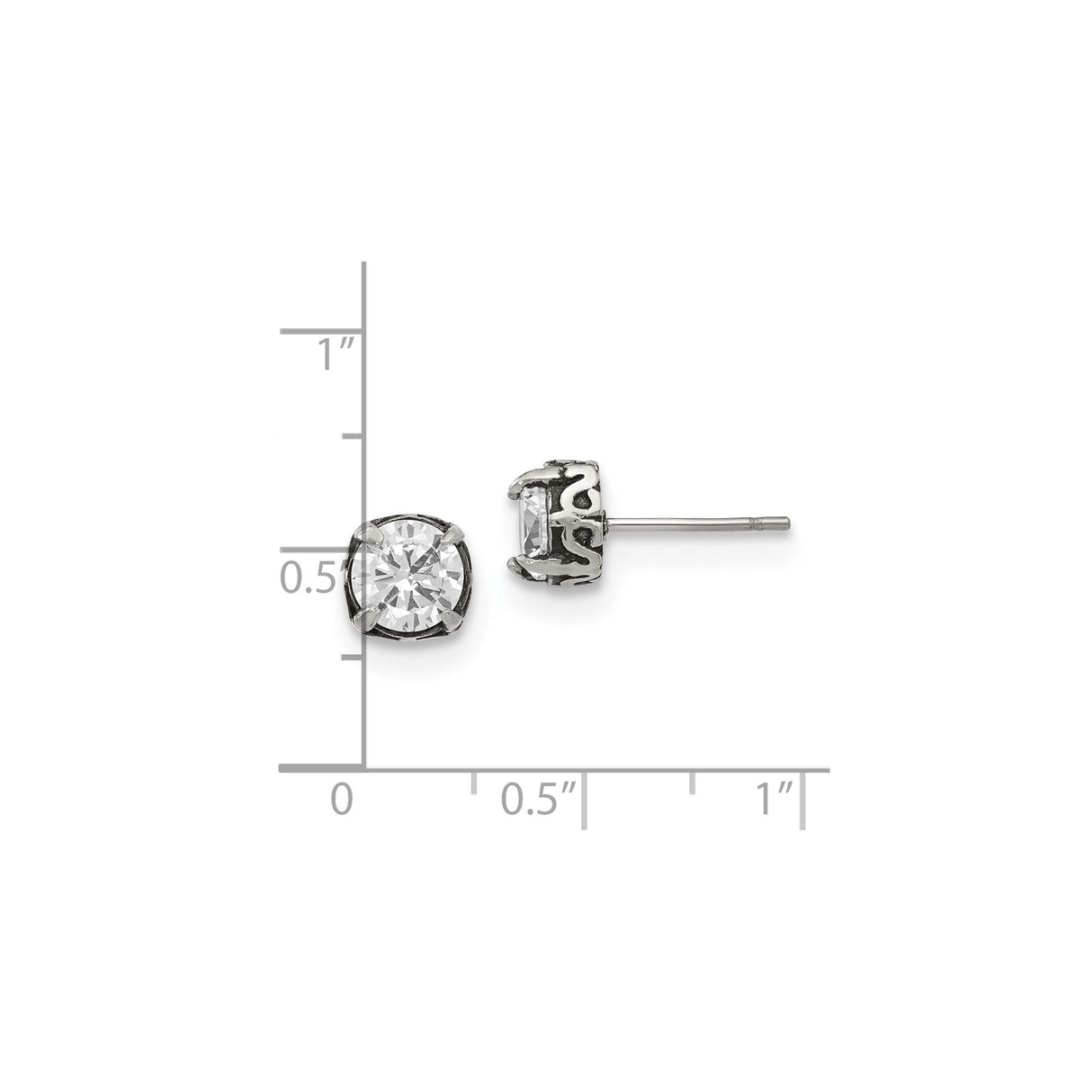Stainless Steel Stud Earrings with Cubic Zirconia, Round Cut, Vintage Scroll Design