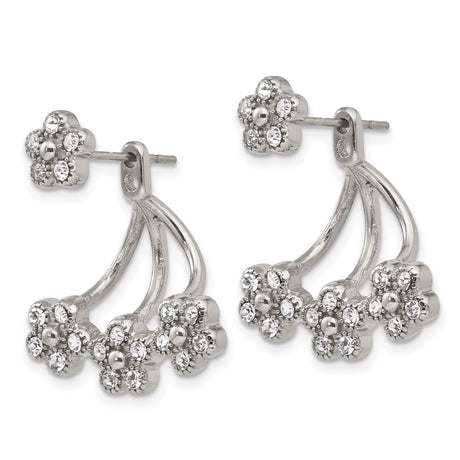 Stainless Steel Floral Stud Earrings with Clear Crystal Accents, Layered Petal Design