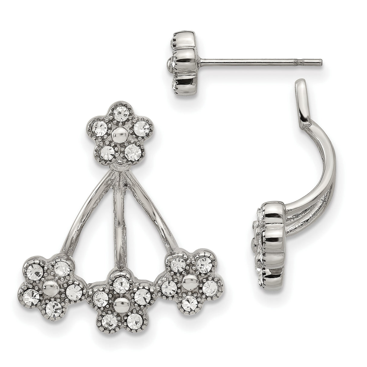 Stainless Steel Floral Stud Earrings with Clear Crystal Accents, Layered Petal Design