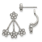 Stainless Steel Floral Stud Earrings with Clear Crystal Accents, Layered Petal Design
