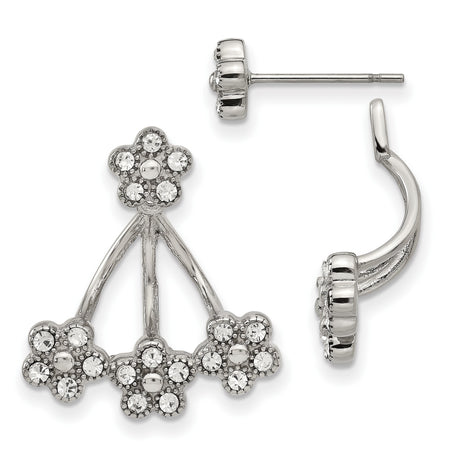 Stainless Steel Floral Stud Earrings with Clear Crystal Accents, Layered Petal Design