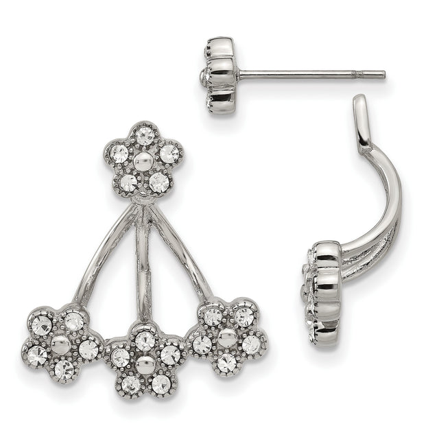 Stainless Steel Floral Stud Earrings with Clear Crystal Accents, Layered Petal Design