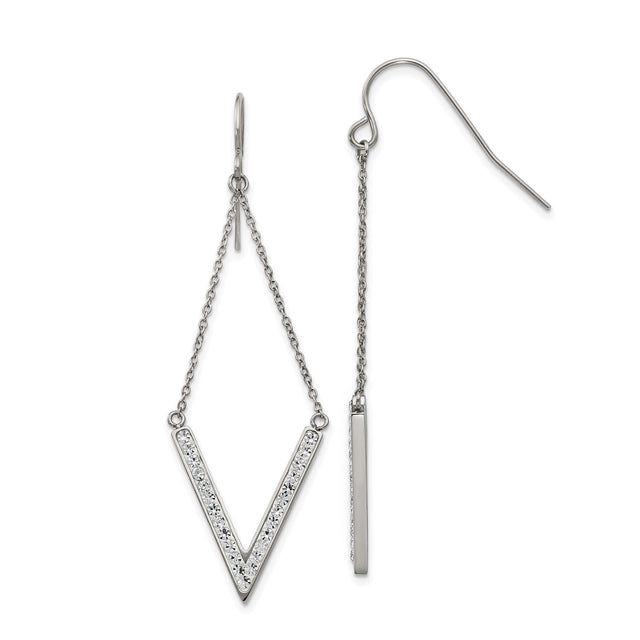 316 Stainless Steel Drop Earrings with Crystal V-Shape Pendant, Long Geometric Dangle Design