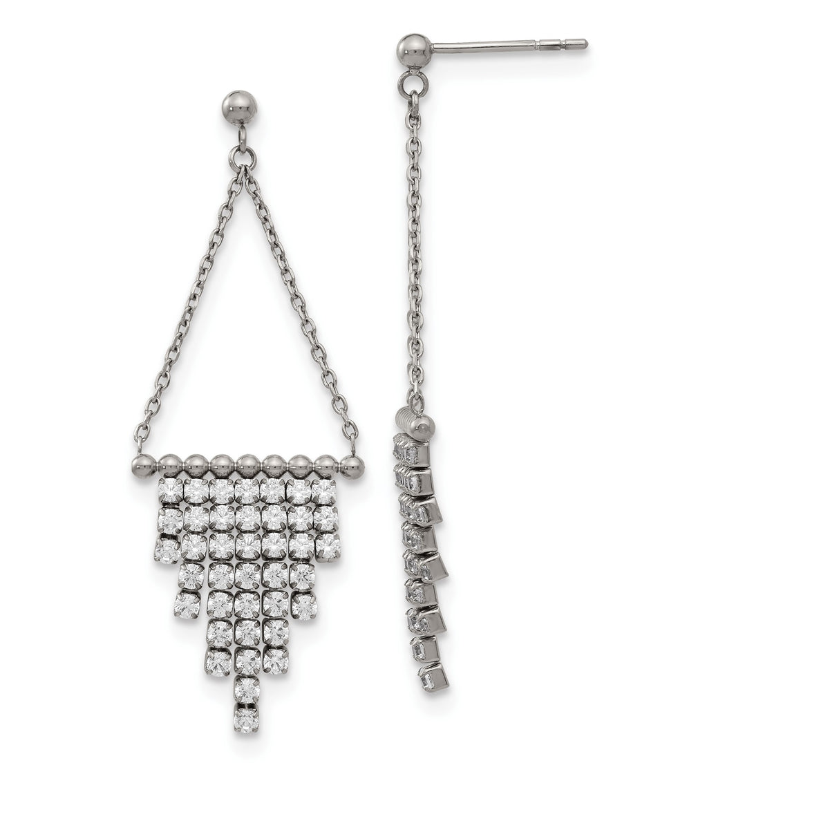 Stainless Steel Drop Earrings with Cubic Zirconia, Asymmetrical Chandelier Design
