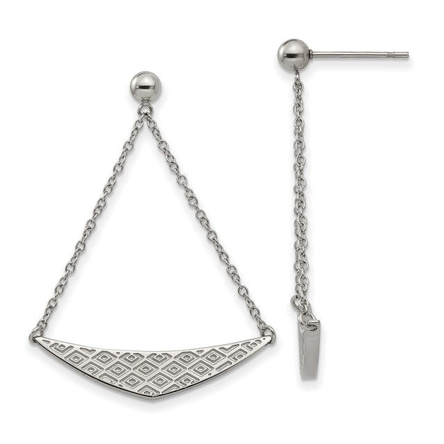 Stainless Steel Dangle Earrings with Curved Geometric Pendants and Swinging Chains