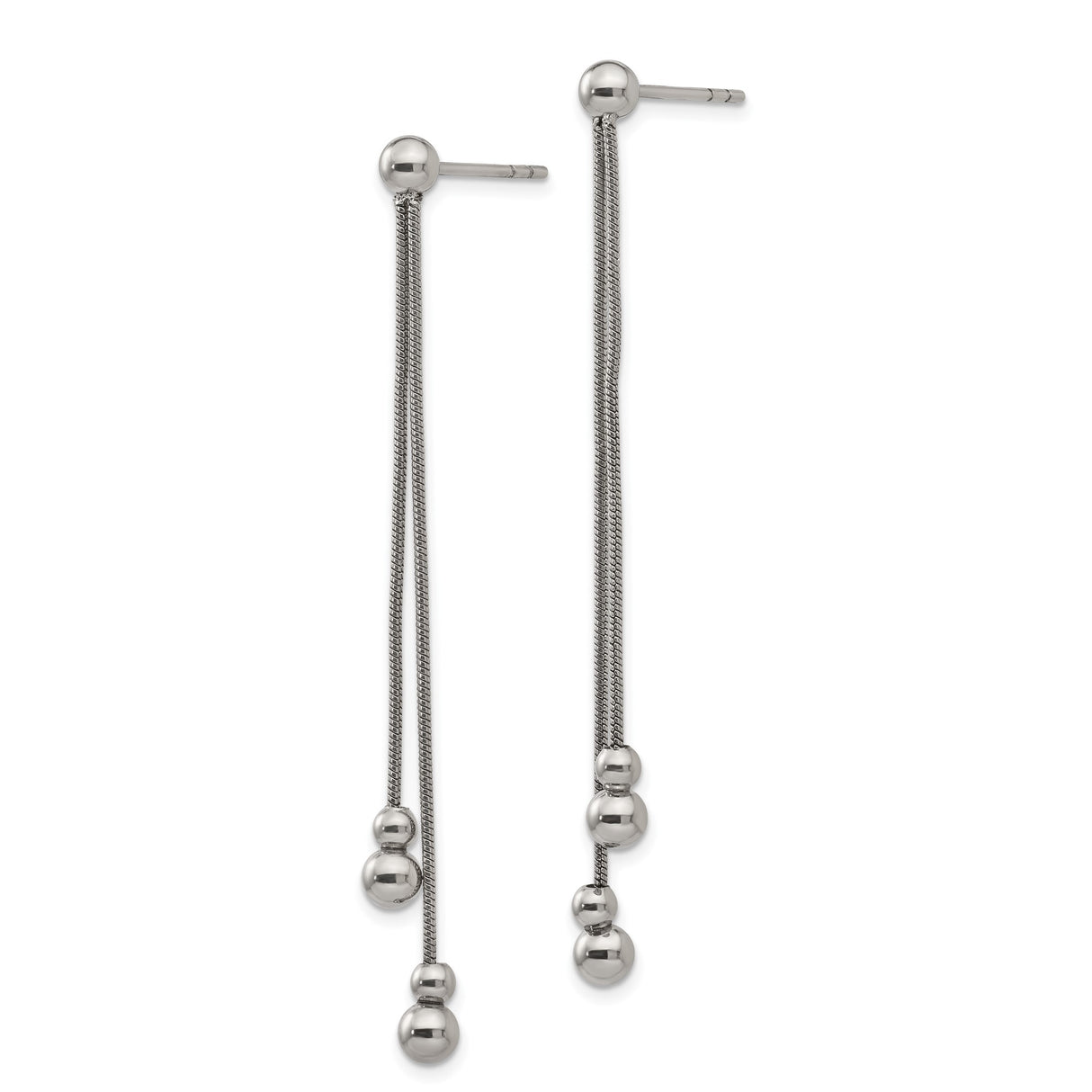 Stainless Steel Dangle Earrings with Snake Chain and Polished Ball Accents, Minimalist Drop Style