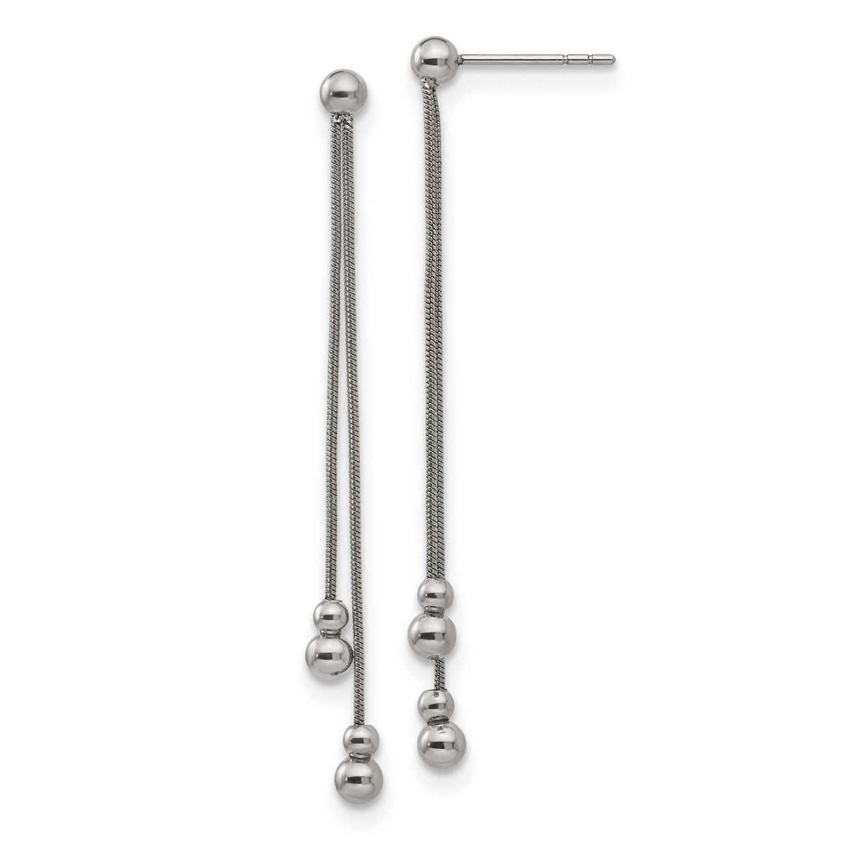 Stainless Steel Dangle Earrings with Snake Chain and Polished Ball Accents, Minimalist Drop Style