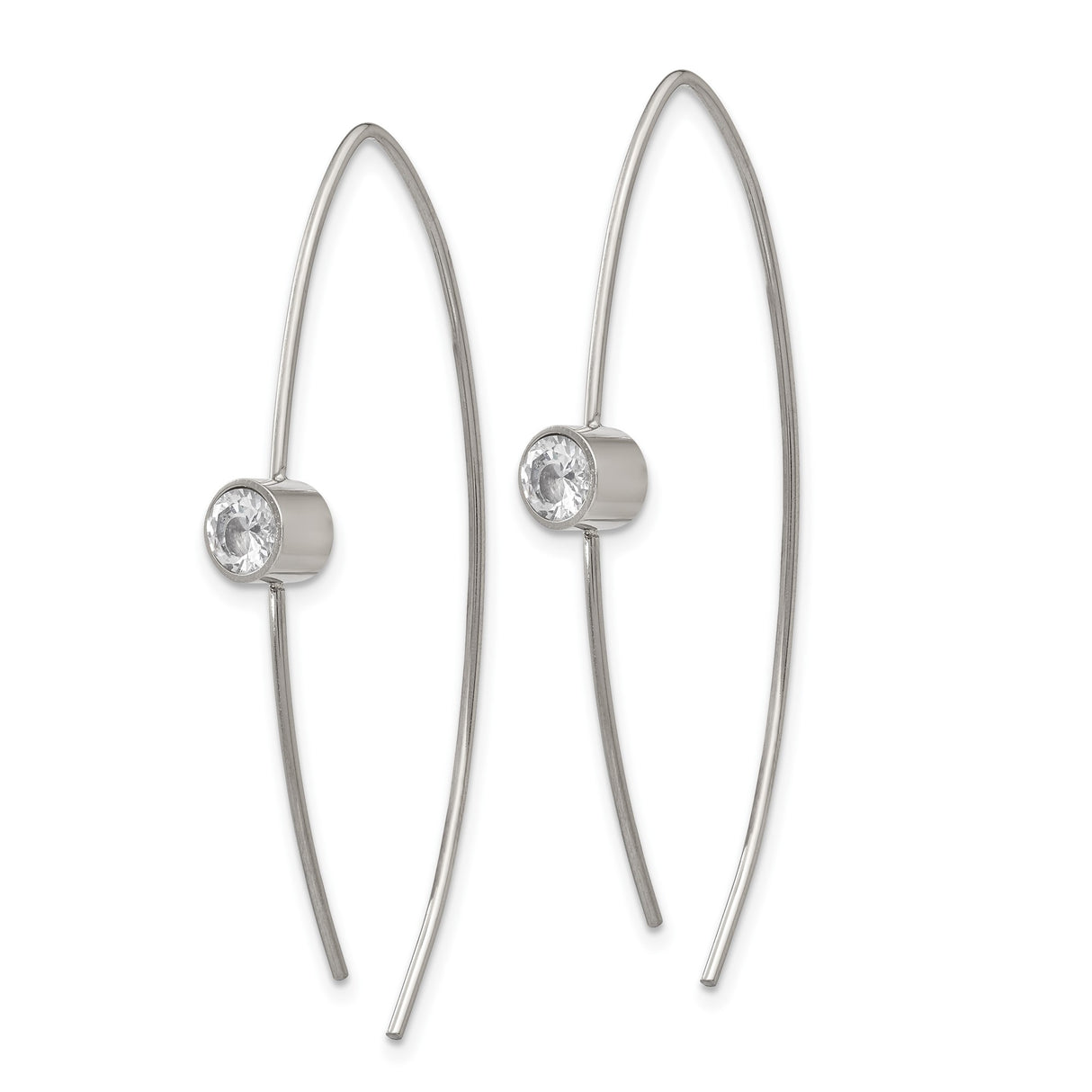 Stainless Steel Threader Earrings with Bezel Set Clear Cubic Zirconia, Minimalist Long Chain Design