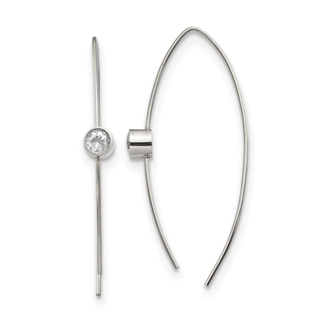 Stainless Steel Threader Earrings with Bezel Set Clear Cubic Zirconia, Minimalist Long Chain Design