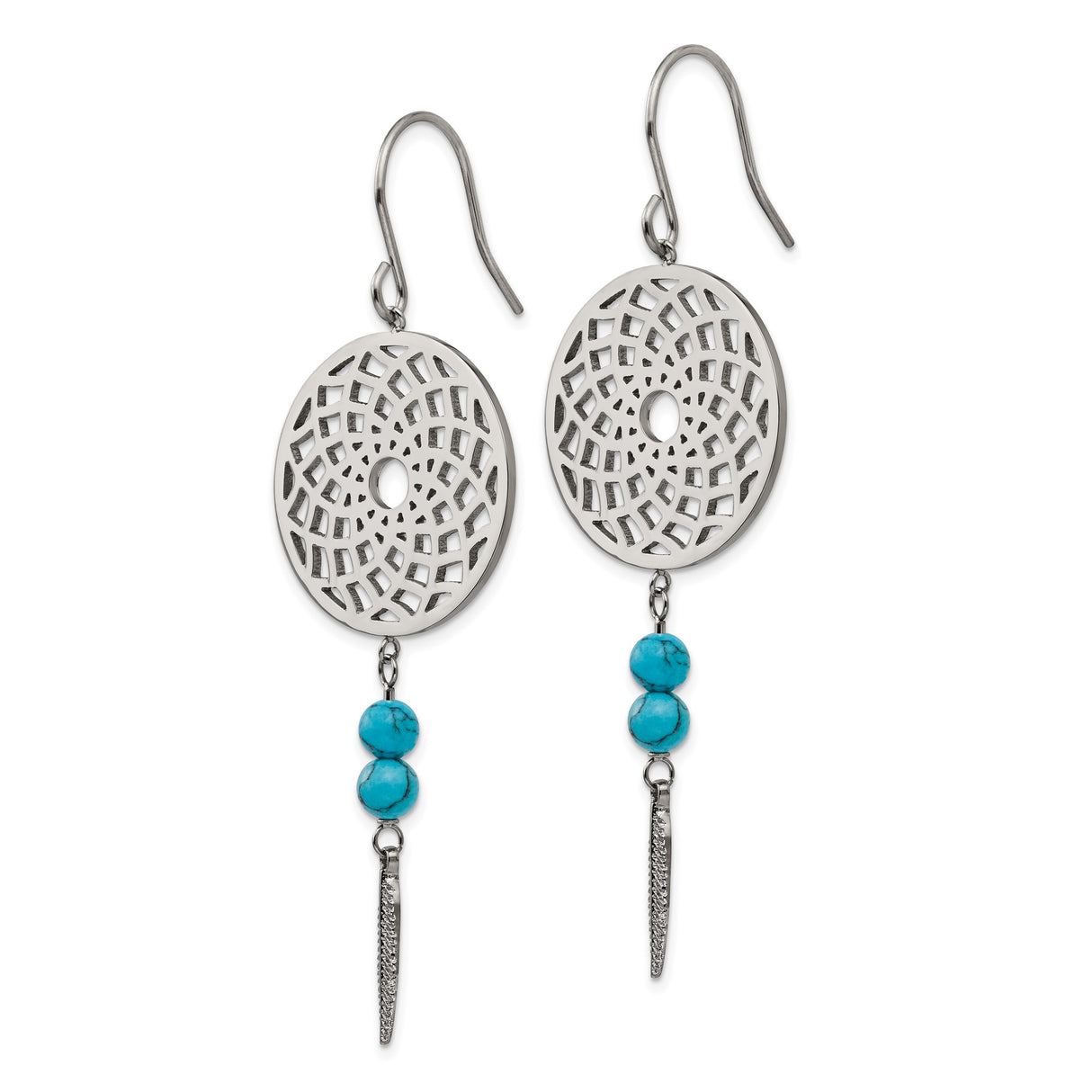 Stainless Steel Dangle Earrings with Turquoise Beads, Dreamcatcher and Feather Charms, Boho Style