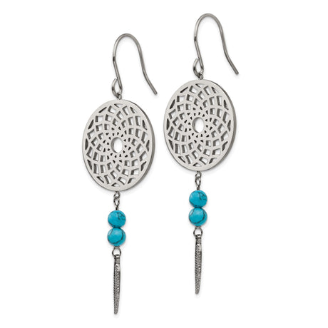Stainless Steel Dangle Earrings with Turquoise Beads, Dreamcatcher and Feather Charms, Boho Style