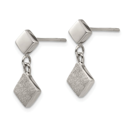 Stainless Steel Dangle Earrings with Dual Diamond Shape Drop, Polished and Textured Finish