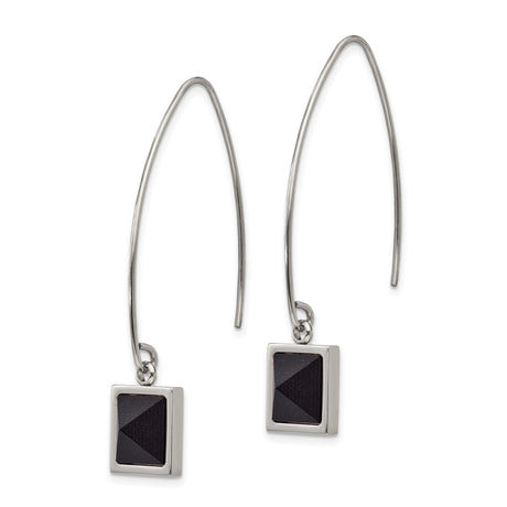 Stainless Steel Drop Earrings with Black Pyramid Inlay, Geometric Square Dangle Design