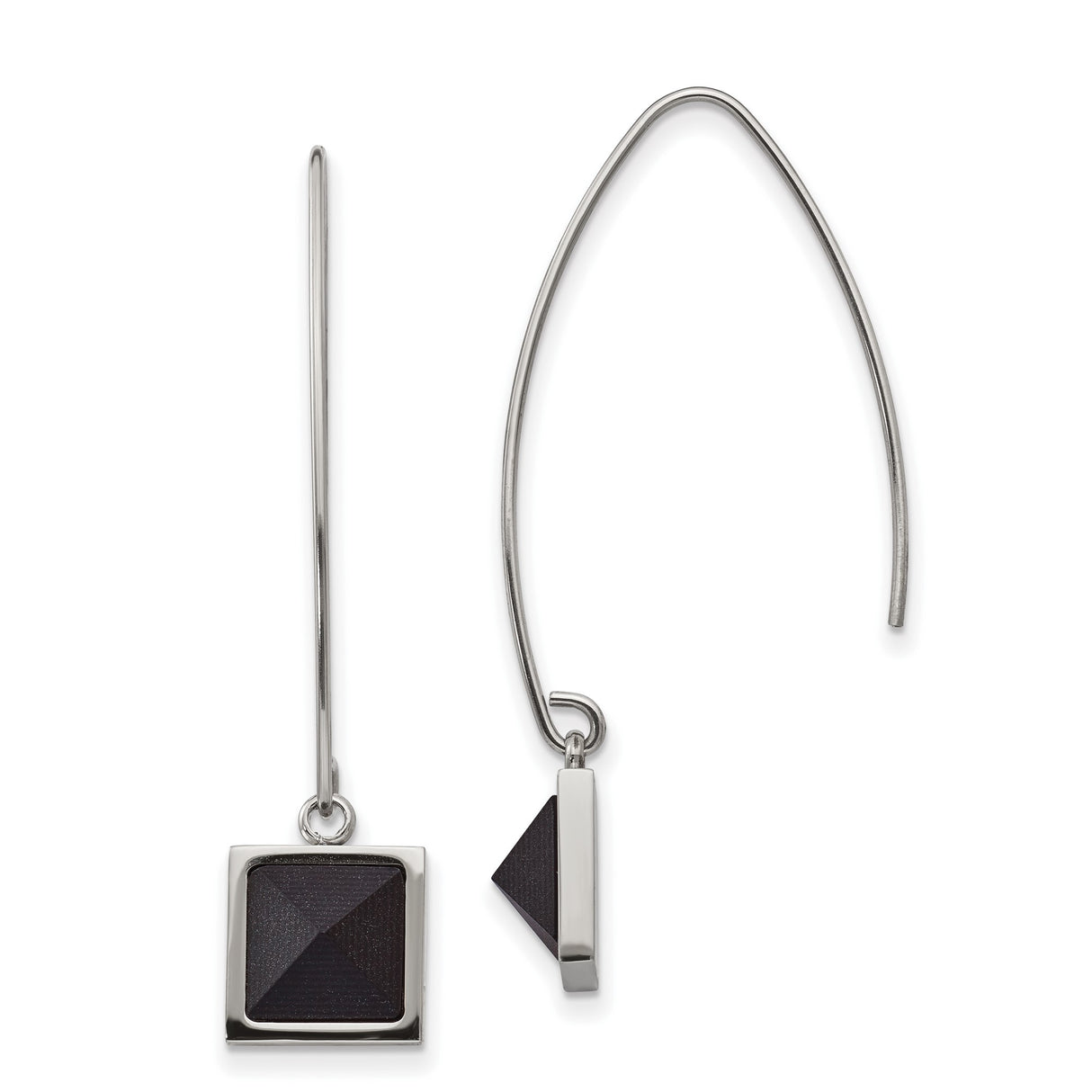 Stainless Steel Drop Earrings with Black Pyramid Inlay, Geometric Square Dangle Design