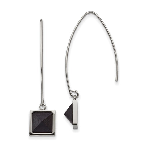 Stainless Steel Drop Earrings with Black Pyramid Inlay, Geometric Square Dangle Design