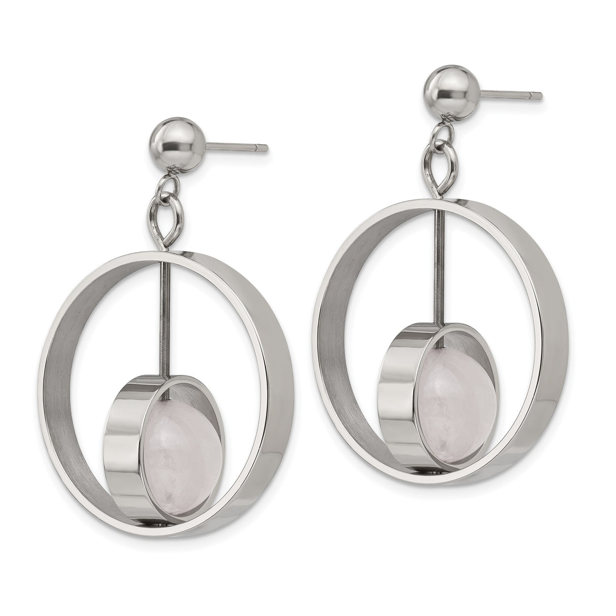 Stainless Steel Drop Earrings with Pale Pink Quartz, Open Circle Geometric Design