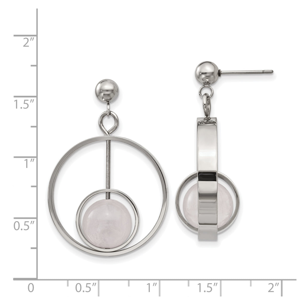 Stainless Steel Drop Earrings with Pale Pink Quartz, Open Circle Geometric Design