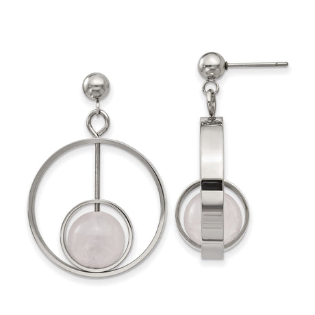 Stainless Steel Drop Earrings with Pale Pink Quartz, Open Circle Geometric Design