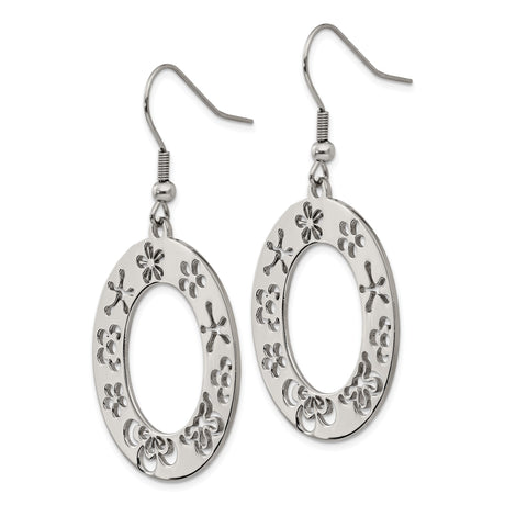 Stainless Steel Dangle Earrings with Floral Cutout Oval Hoop Design for Women
