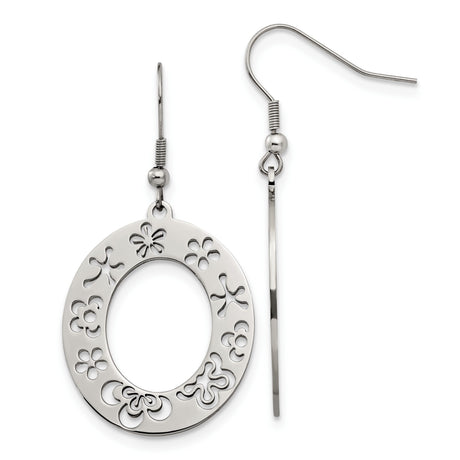 Stainless Steel Dangle Earrings with Floral Cutout Oval Hoop Design for Women