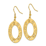 Stainless Steel Dangle Earrings with Open Oval Floral Cutout Design, Gold Tone Boho Chic Style