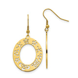 Stainless Steel Dangle Earrings with Open Oval Floral Cutout Design, Gold Tone Boho Chic Style