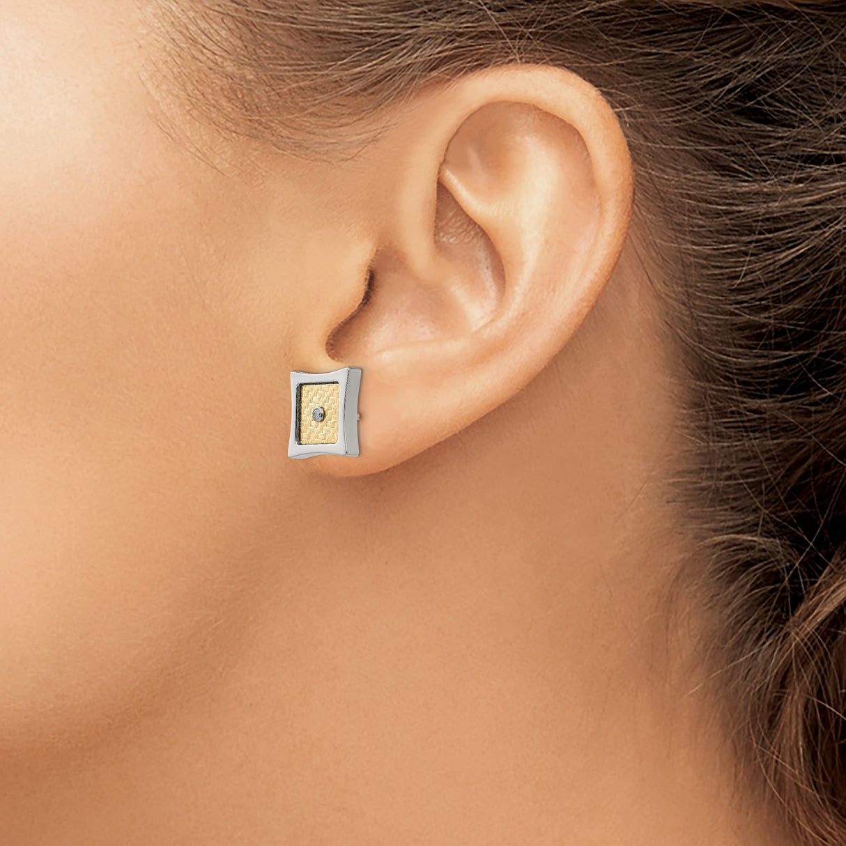 316 Stainless Steel Stud Earrings with Diamond Accent, Gold Tone Woven Center, Geometric Design