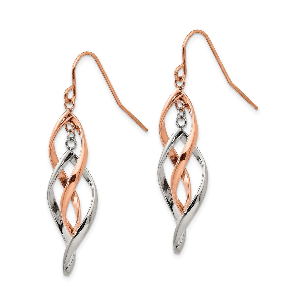 Stainless Steel Twisted Teardrop Dangle Earrings with Interlaced Strands in Rose Gold Tone