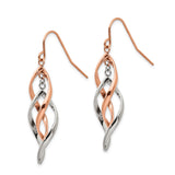 Stainless Steel Twisted Teardrop Dangle Earrings with Interlaced Strands in Rose Gold Tone