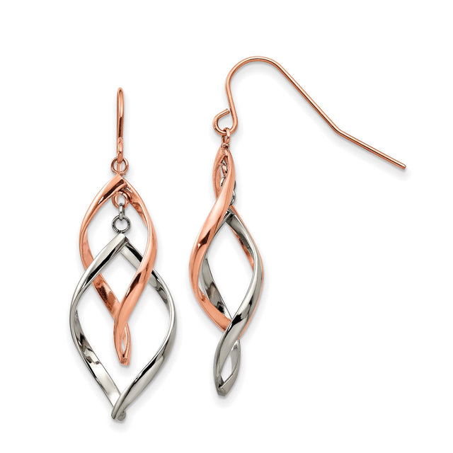 Stainless Steel Twisted Teardrop Dangle Earrings with Interlaced Strands in Rose Gold Tone