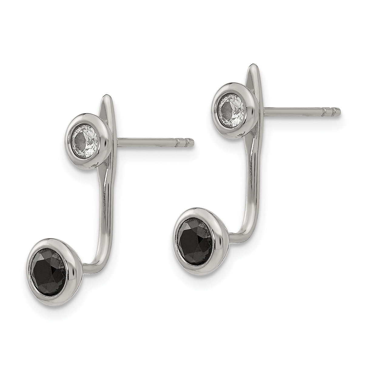 Stainless Steel Double Stud Earrings with Clear and Black Cubic Zirconia, Modern Minimalist Design