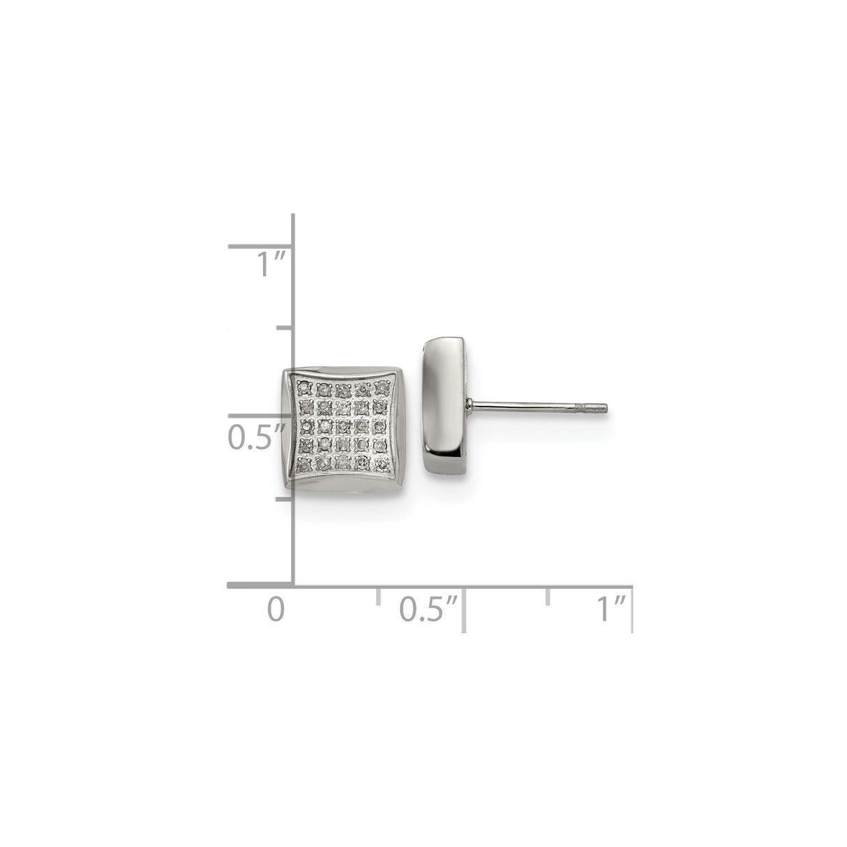 Stainless Steel Mens Square Stud Earrings with Clear Crystals, Polished Grid Design