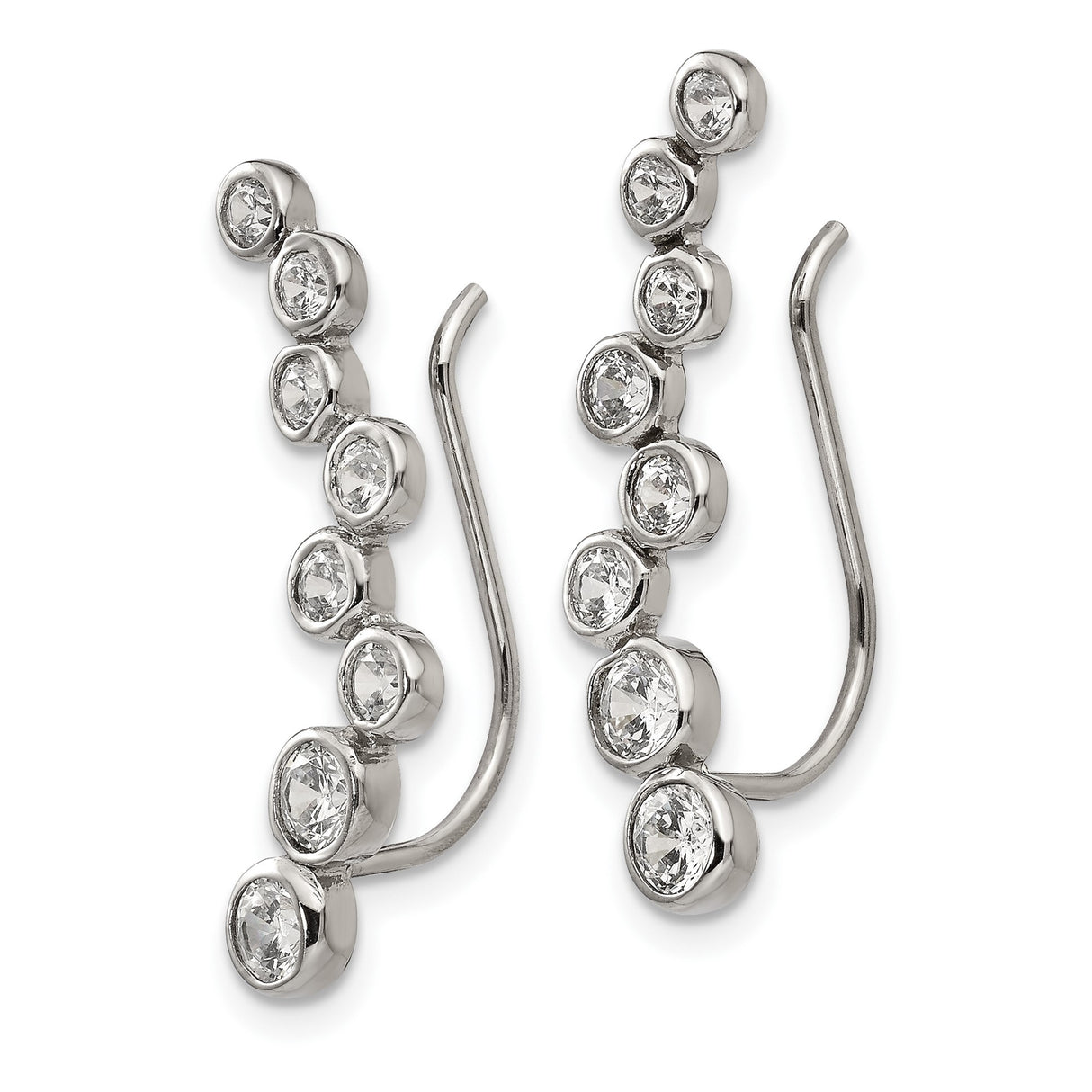 Stainless Steel Ear Climber Earrings with Cubic Zirconia, Bezel Set, Modern Minimalist Design