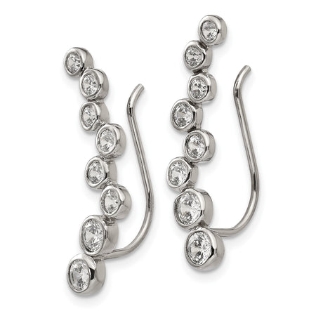 Stainless Steel Ear Climber Earrings with Cubic Zirconia, Bezel Set, Modern Minimalist Design