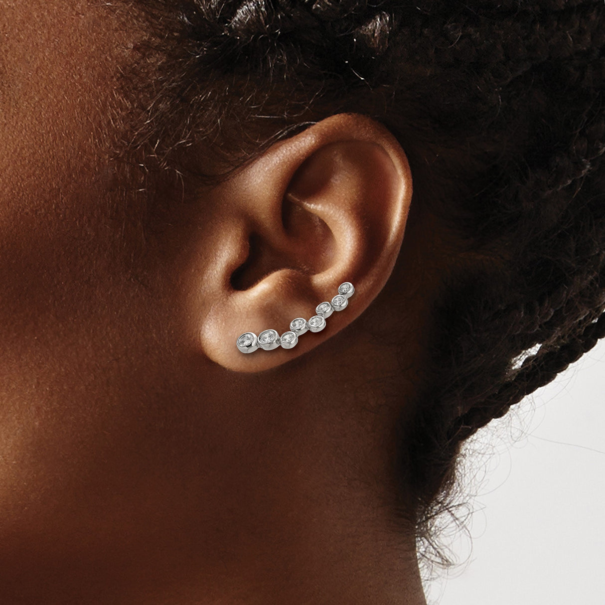 Stainless Steel Ear Climber Earrings with Cubic Zirconia, Bezel Set, Modern Minimalist Design