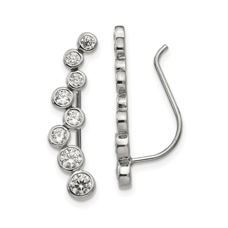 Stainless Steel Ear Climber Earrings with Cubic Zirconia, Bezel Set, Modern Minimalist Design