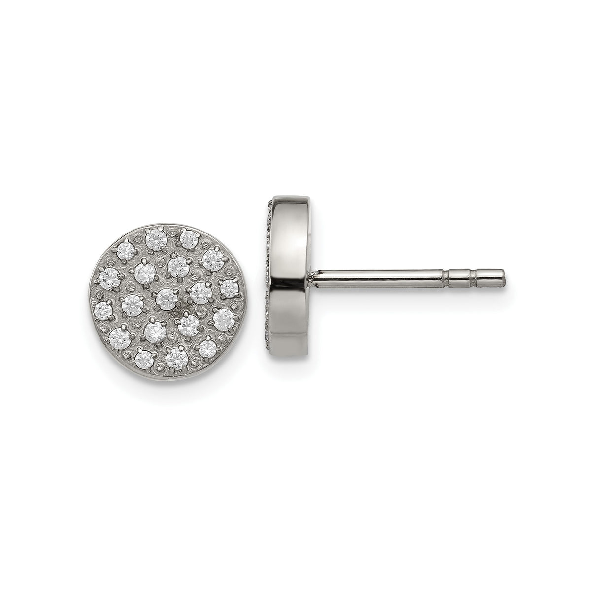 Womens Stainless Steel Round CZ Stud Earrings with Pave Setting, Sparkling Cluster Zirconia Ear Studs, Elegant Modern Fashion Jewelry for Everyday Wear, Versatile Crystal Steel Earrings