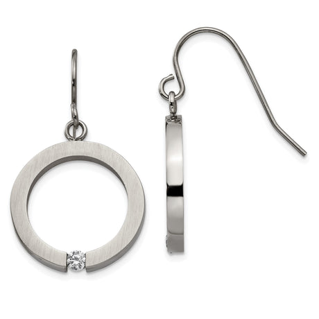 Stainless Steel Dangle Earrings with Open Circle and Round Clear Crystal Accent