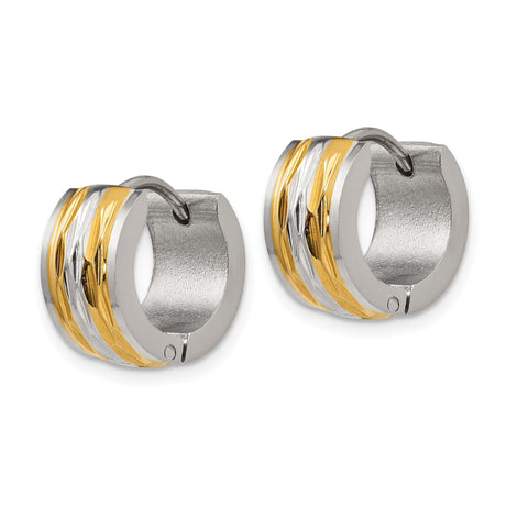 Stainless Steel Huggie Hoop Earrings, Gold and Silver Plated, Textured Dual Tone Design, Unisex Style
