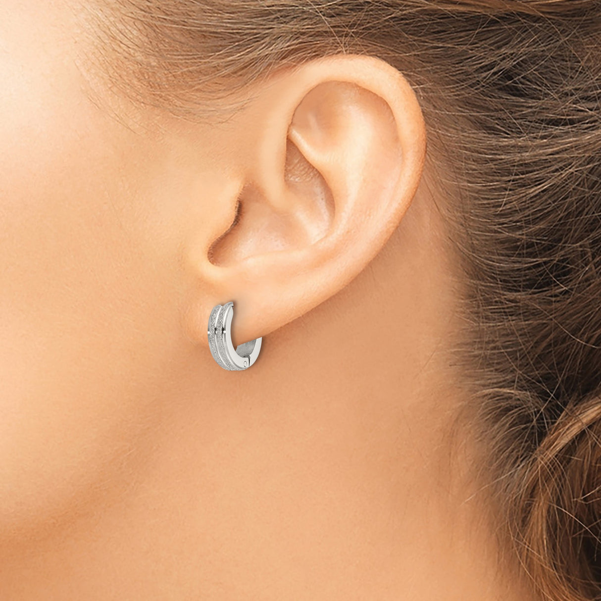 Stainless Steel Hoop Earrings with Dual Textured Stripe and Matte Polished Finish