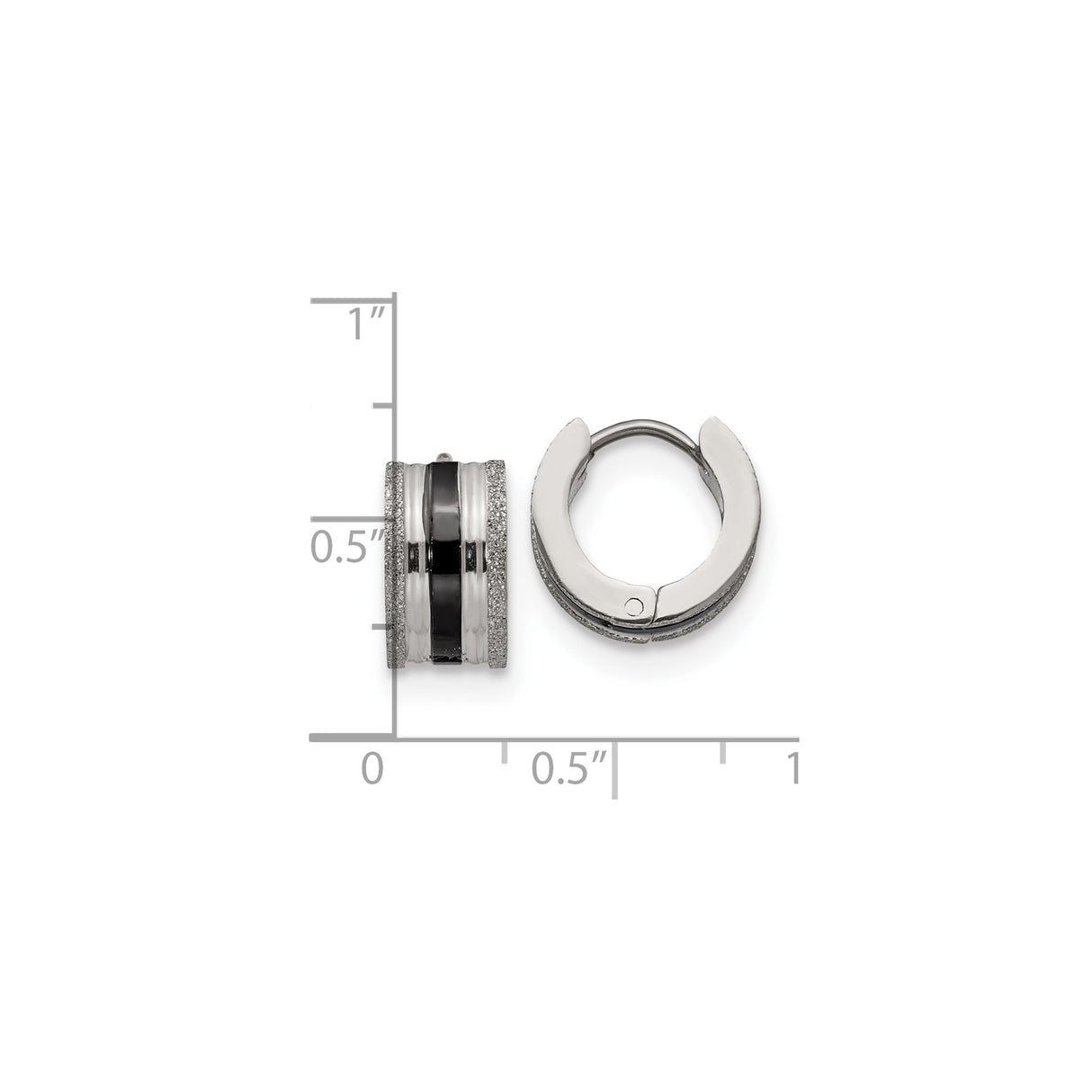 Stainless Steel Huggie Hoop Earrings with Black Enamel Stripe and Textured Edges for Men