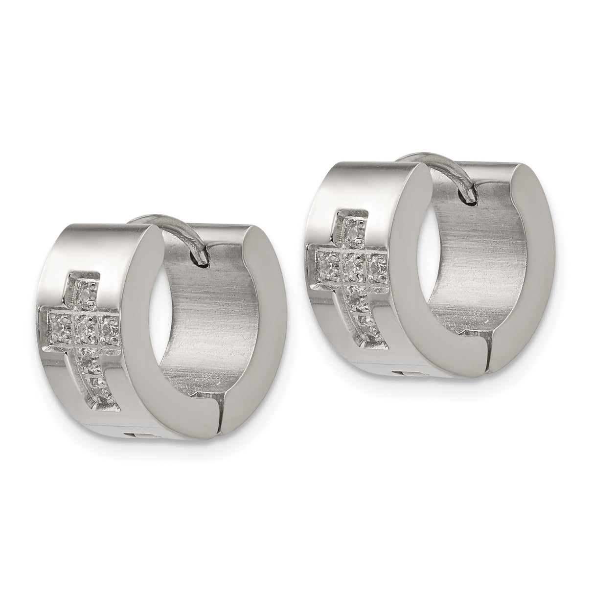 316 Stainless Steel Hoop Earrings with Cubic Zirconia Christian Cross Design