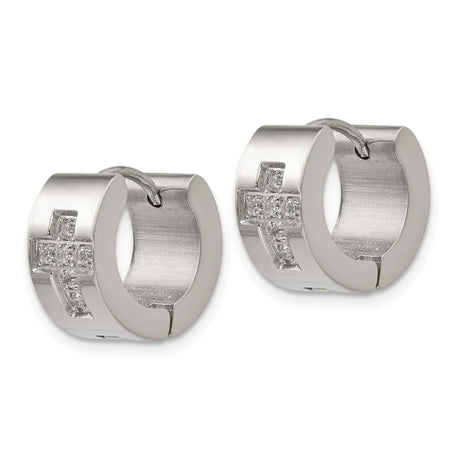 316 Stainless Steel Hoop Earrings with Cubic Zirconia Christian Cross Design