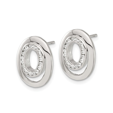 Stainless Steel Stud Earrings with Cubic Zirconia, Oval Double Ring Design, Minimalist Style