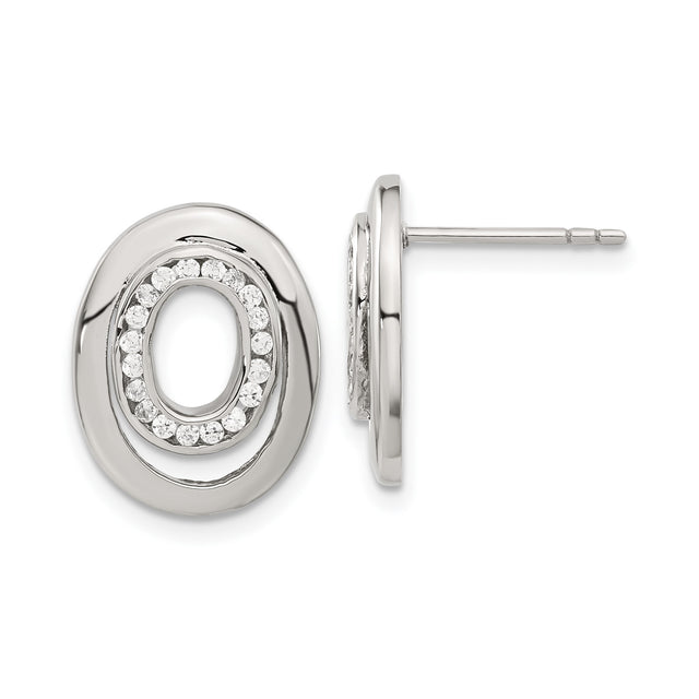 Stainless Steel Stud Earrings with Cubic Zirconia, Oval Double Ring Design, Minimalist Style
